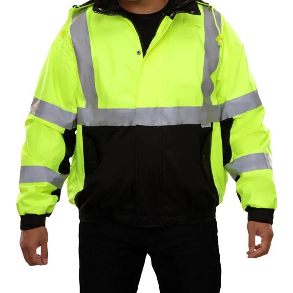 Safety Jacket: Hi-Vis Bomber: Breathable Waterproof: Hood: Lime 2-Tone Thumbnail